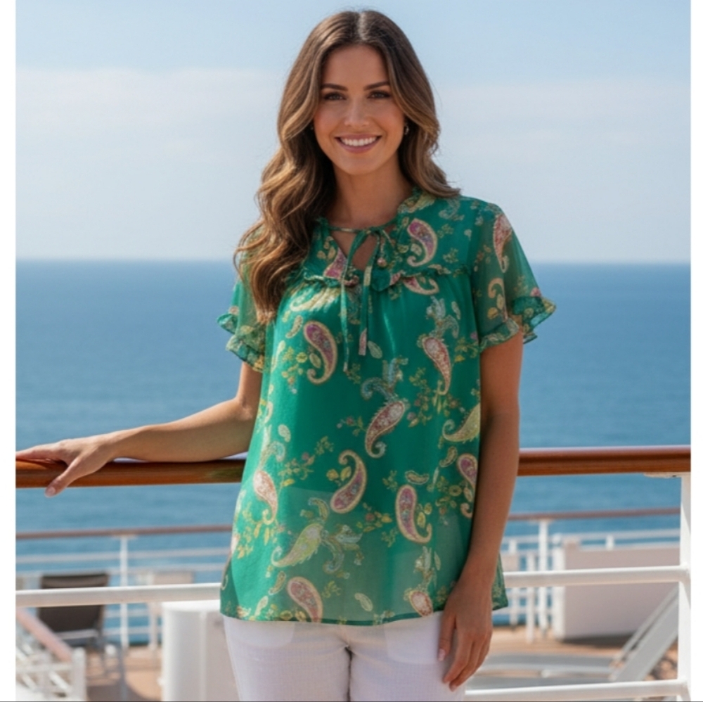 Pleione Ruffle Tie Front Semi Sheer Paisley Print Top
